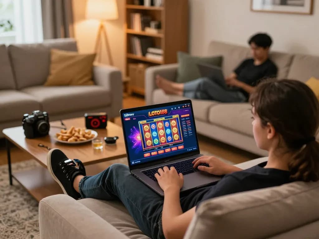 LOTO188 player enjoying interactive online gaming experience on laptop in a cozy home setting.