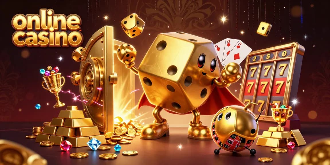 Witness the fun in an online casino with a magical golden dice golem juggling treasures and slot winnings.