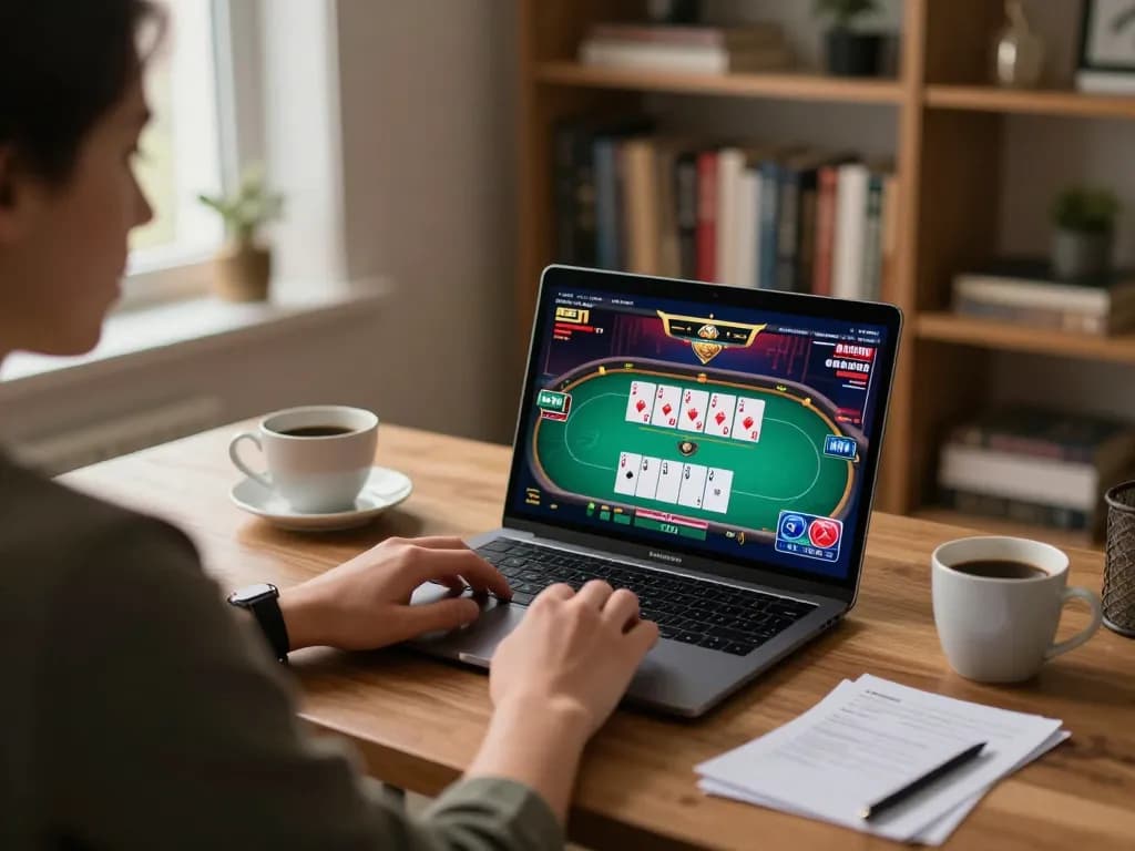 Trò chơi poker trực tuyến hấp dẫn tại nhà minh họa một người chơi sử dụng nền tảng 12bet để thực hiện các nước đi chiến lược
