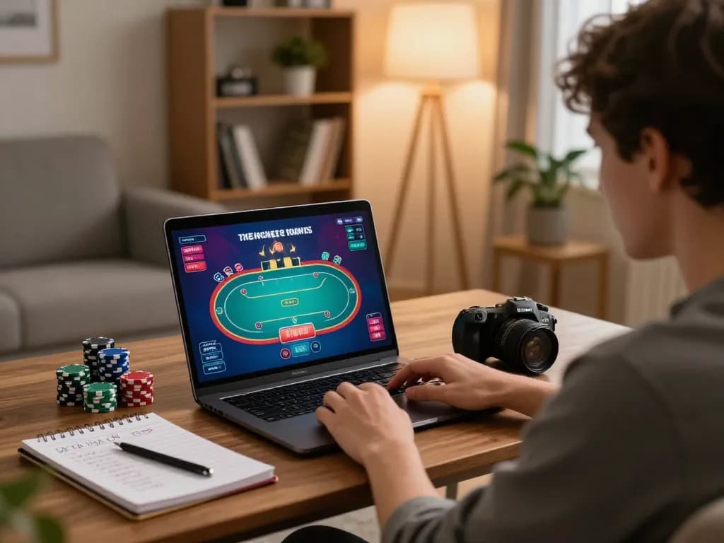 Player enjoying an online poker game through maxpoker88 platform in a cozy living room.