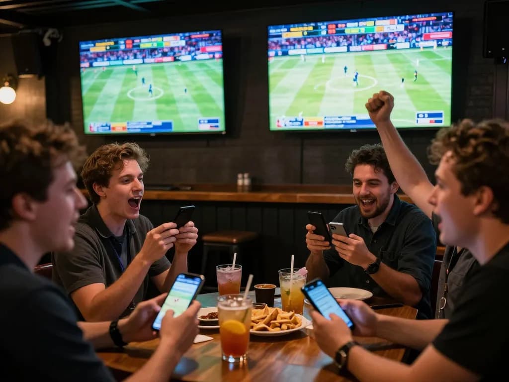 Engaged sports bettors at a lively venue celebrating wins with hidobasketgoztepe betting apps in use