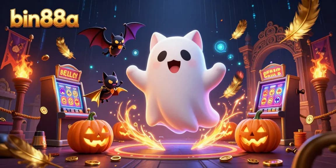 Experience thrilling games at bin88a with a lively ghost cat and vampire bat in a vibrant casino scene.