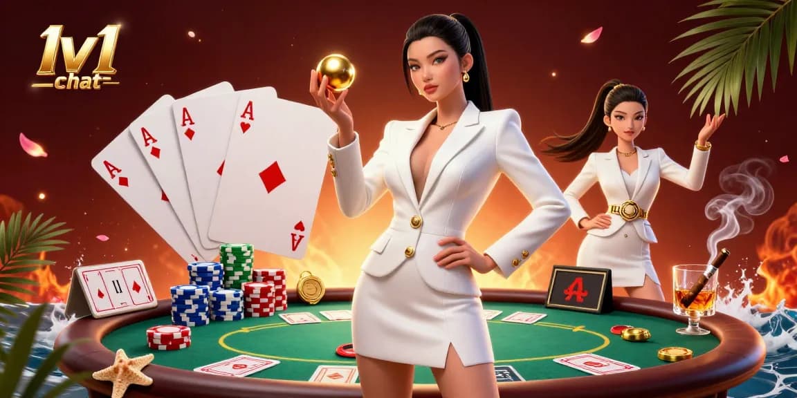 Engage in 1v1 chat with a stunning Asian woman at a vibrant casino scene filled with poker elements.