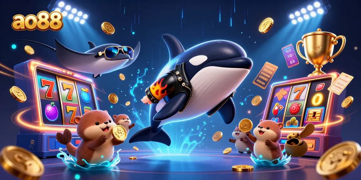 Engage with ao88's exciting slots, as an orca rides alongside sea creatures and treasure.