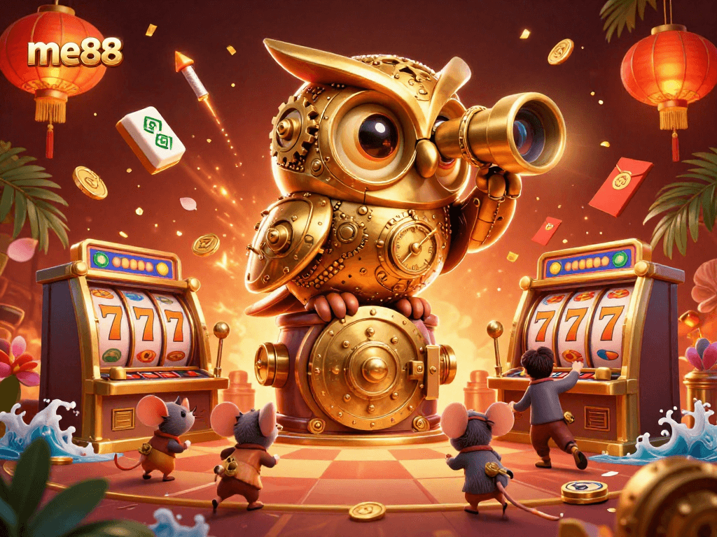 Experience me88's vibrant casino atmosphere with a golden owl and lively gaming elements.