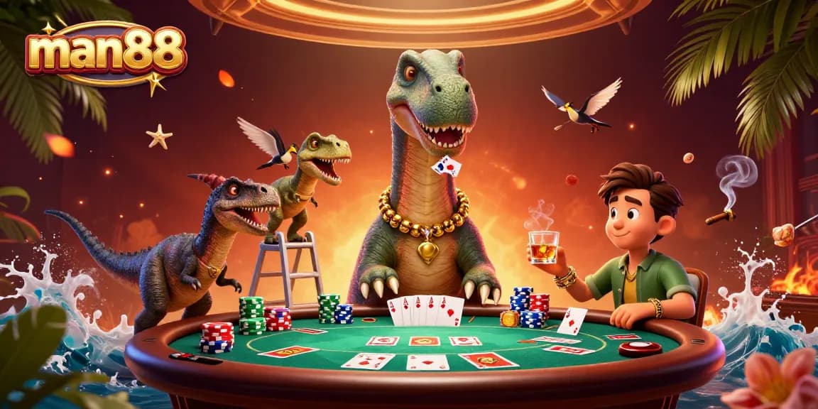 Join the action with man88 at this vibrant casino scene showcasing animated characters and poker elements.