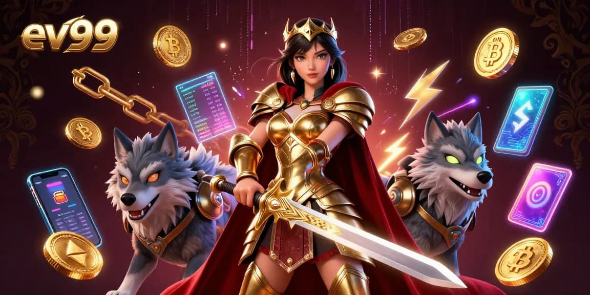 Win big at ev99 with epic battles featuring a warrior queen and armored wolf amidst glowing cryptocurrencies.