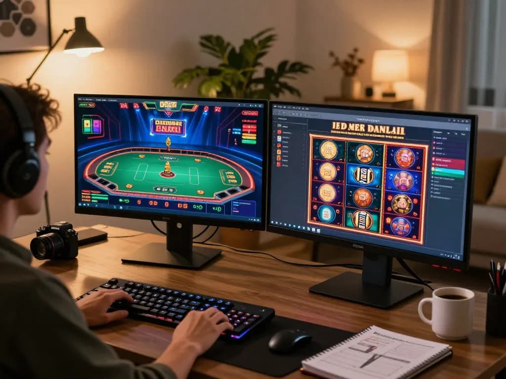 Player navigating 8kbet16 online casino website on dual monitors, showcasing engaging gambling experience.