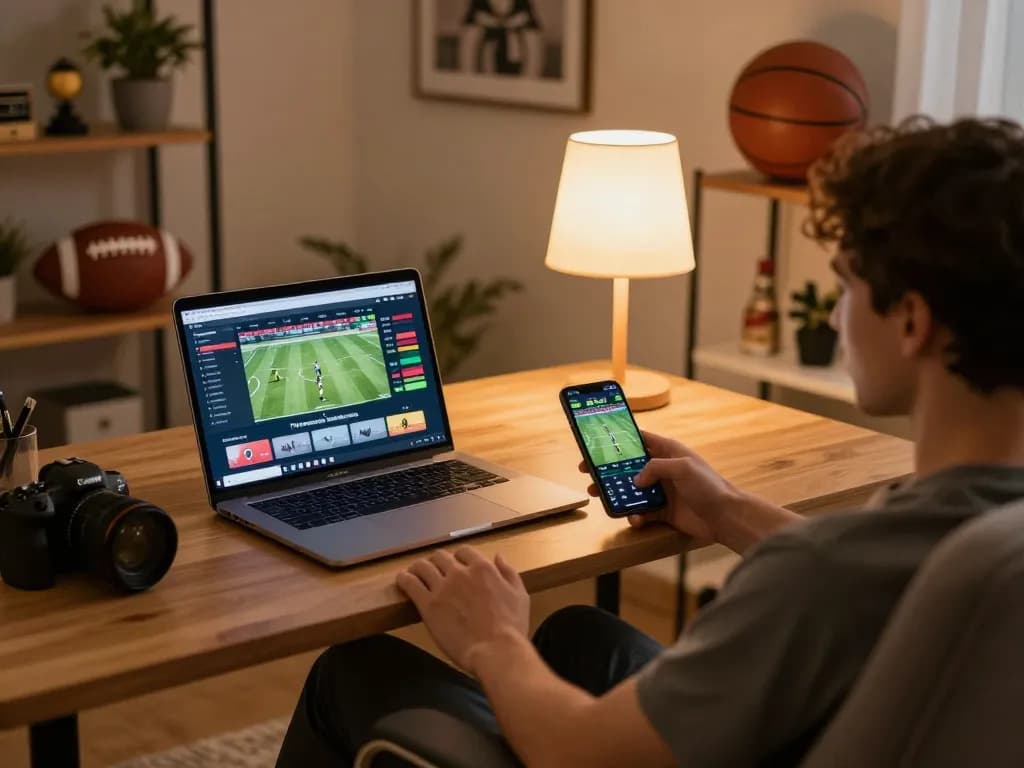 Engaged gambler using XX88 device for live online sports betting with cozy home ambiance.