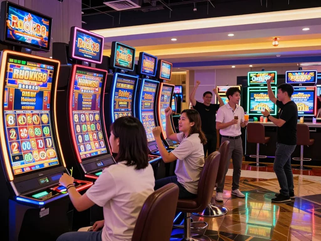 Players rejoicing at rokok88 slot machines in vibrant casino atmosphere