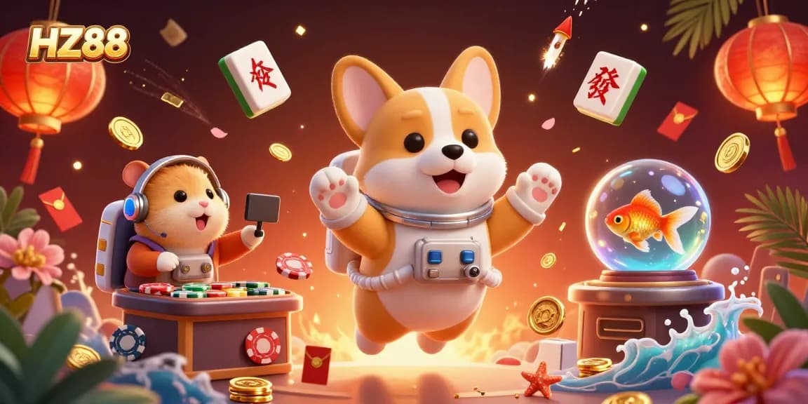 Experience HZ88's vibrant casino atmosphere with animated characters in a floating 3D space setting.