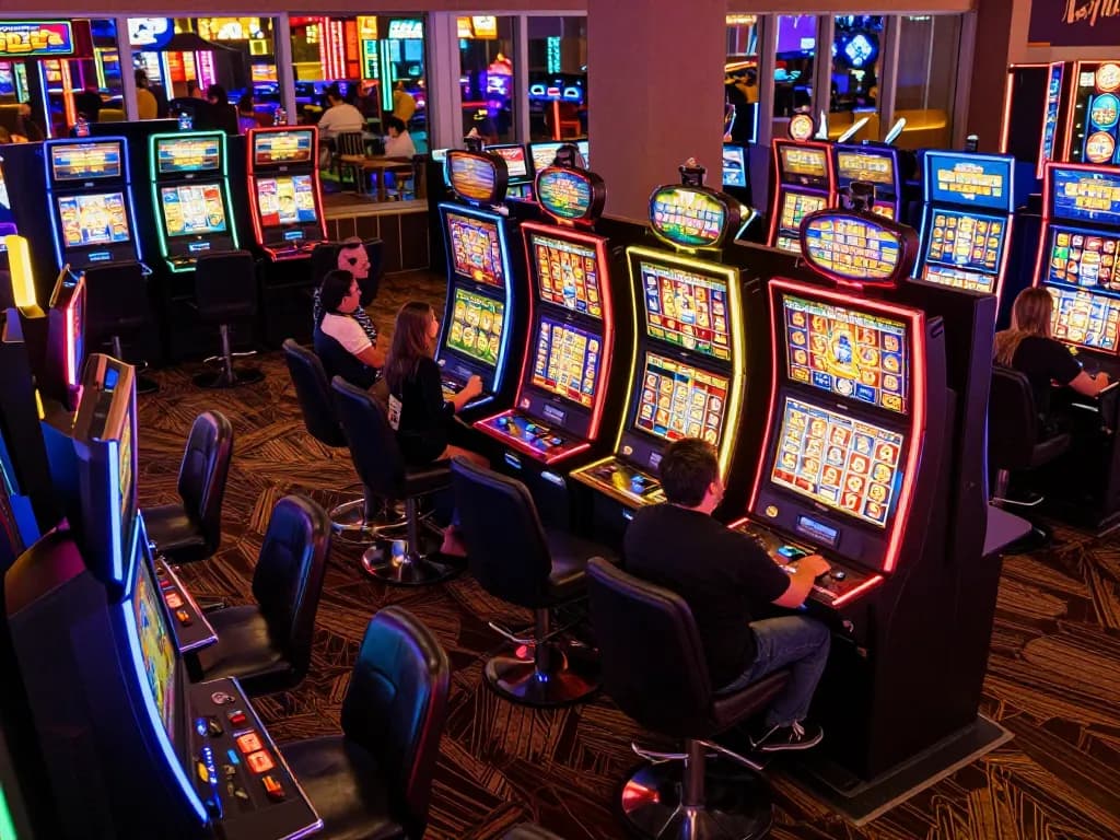 Engaging scene of players enjoying slot machines at Maine Coast Hemp casino, excitement visible after a big win.