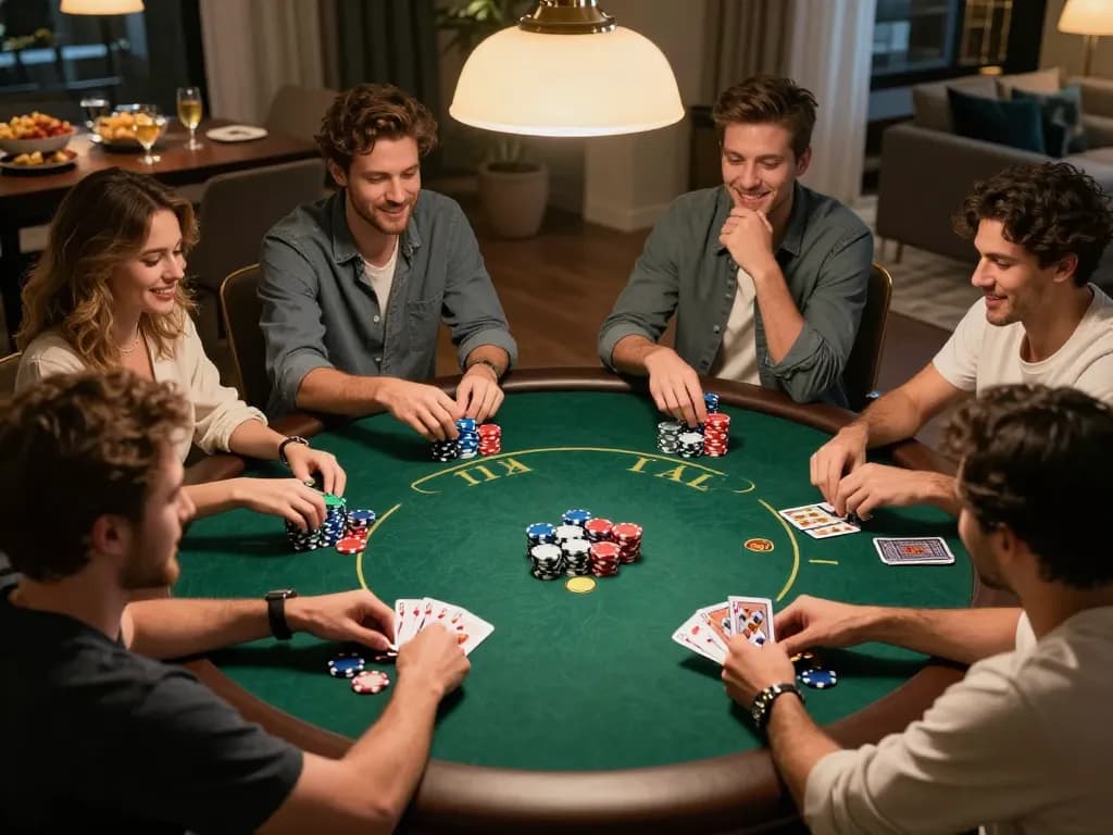 Friends enjoying a poker night at home with rokok88 products, focusing on strategy and fun.