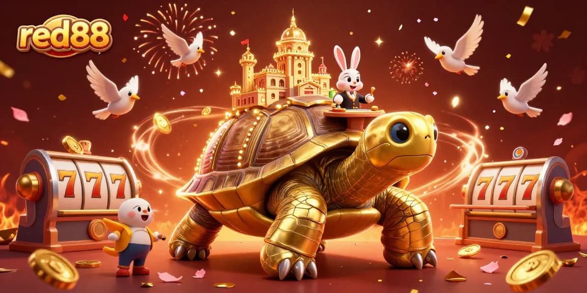 Experience the excitement of red88 with a dynamic illustration of a casino scene featuring a golden tortoise and rabbit dealer.