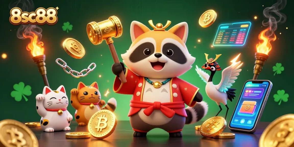 Win big at 8sc88 with a dynamic scene featuring lucky tanuki and fortune cats in a rich casino environment.