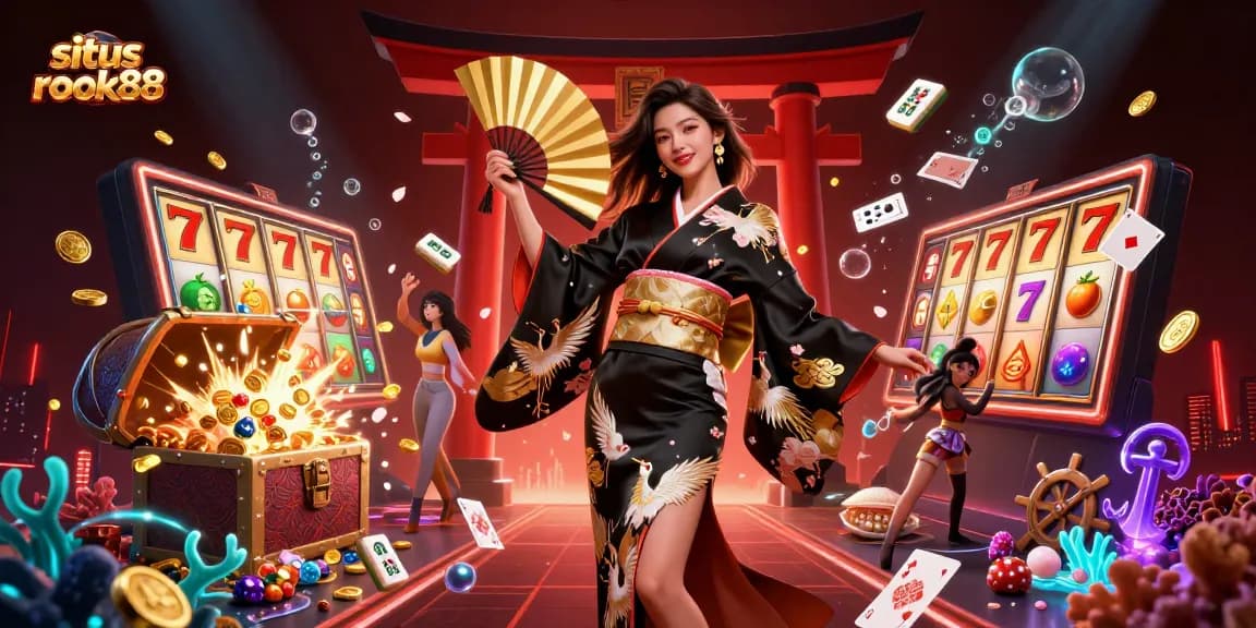 Play slots at situs rokok88 with a glamorous Asian dealer amidst dazzling casino elements.
