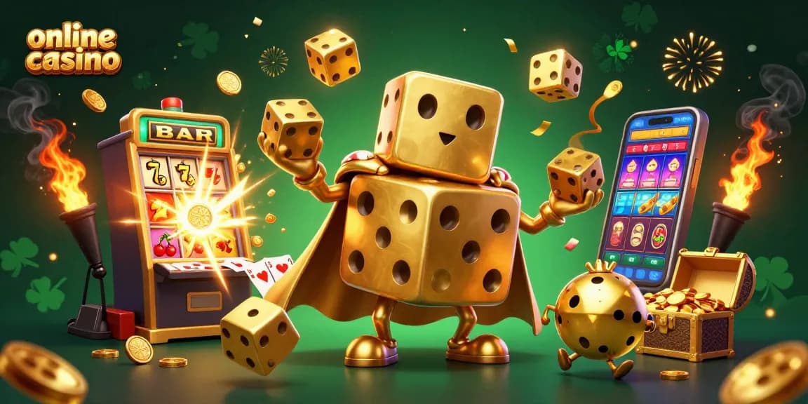 Experience the excitement of an online casino with our dynamic golden dice golem and slot machine scene.