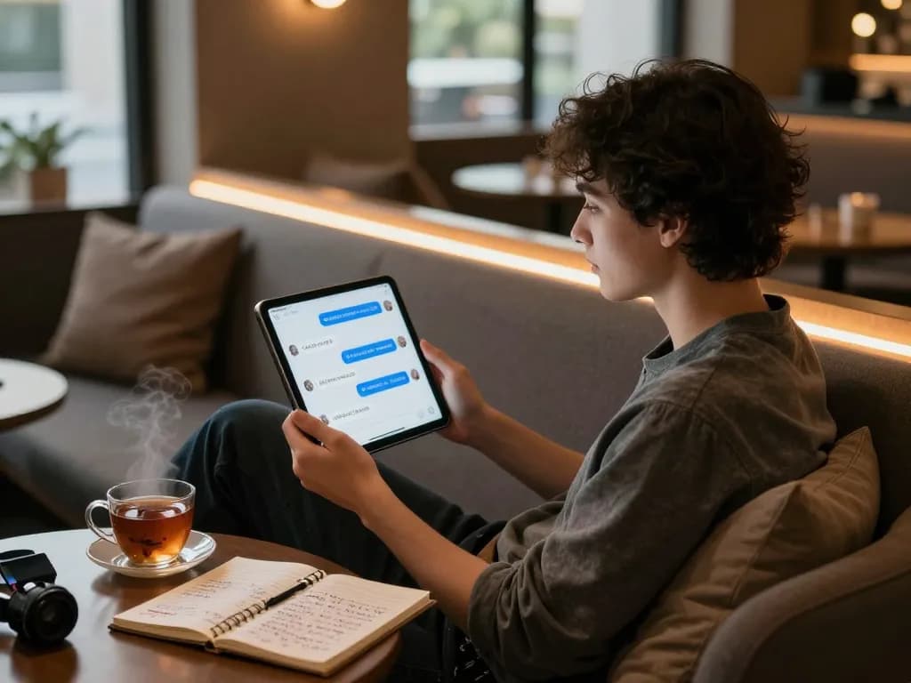 Engaging in ai sex chat on a tablet in a cozy lounge, surrounded by modern tech elements.