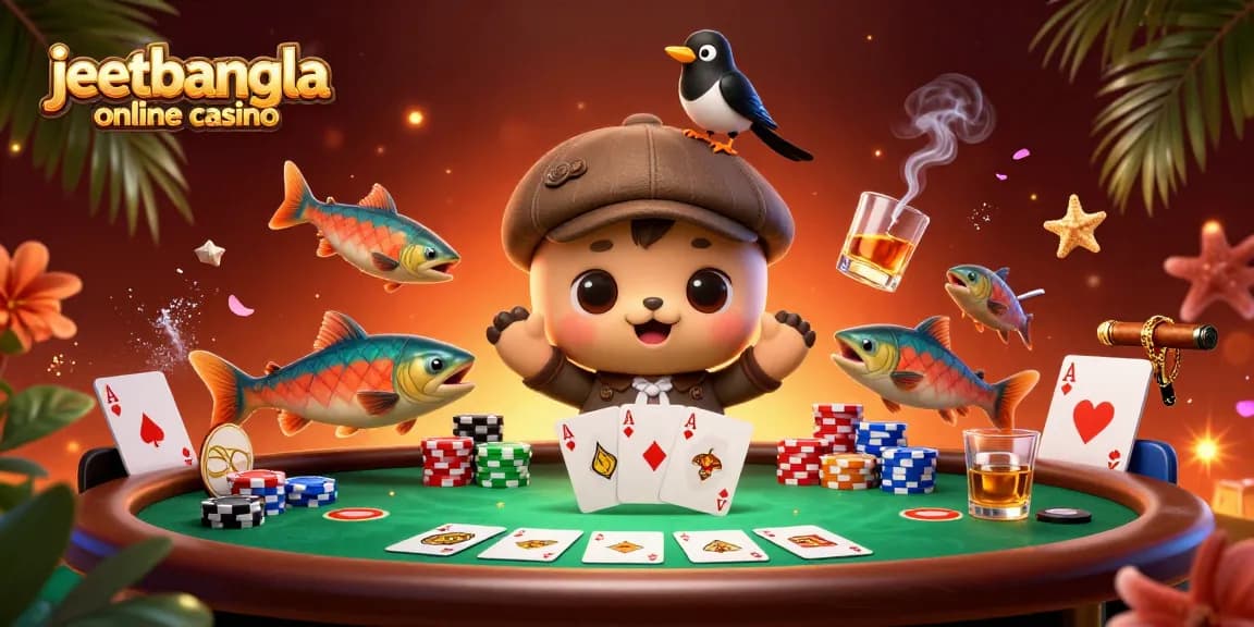 Join the excitement at jeetbangla online casino with cartoon Nessie, poker elements, and festive decorations.