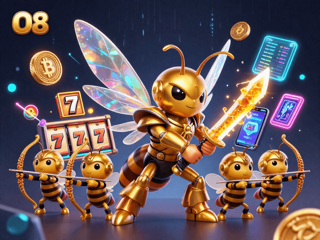 Engage in thrilling action at O8's casino with a vivid scene of gaming elements and dynamic characters.