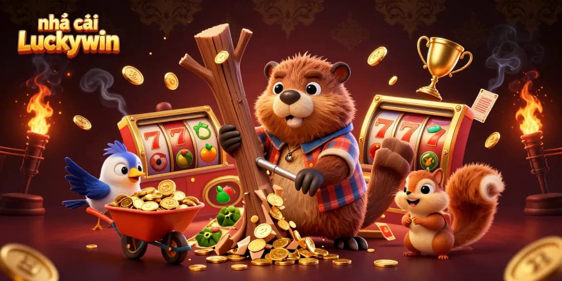 Engage with the thrilling world at nhà cái Luckywin, featuring a lively scene with cartoon characters among dazzling gaming elements.