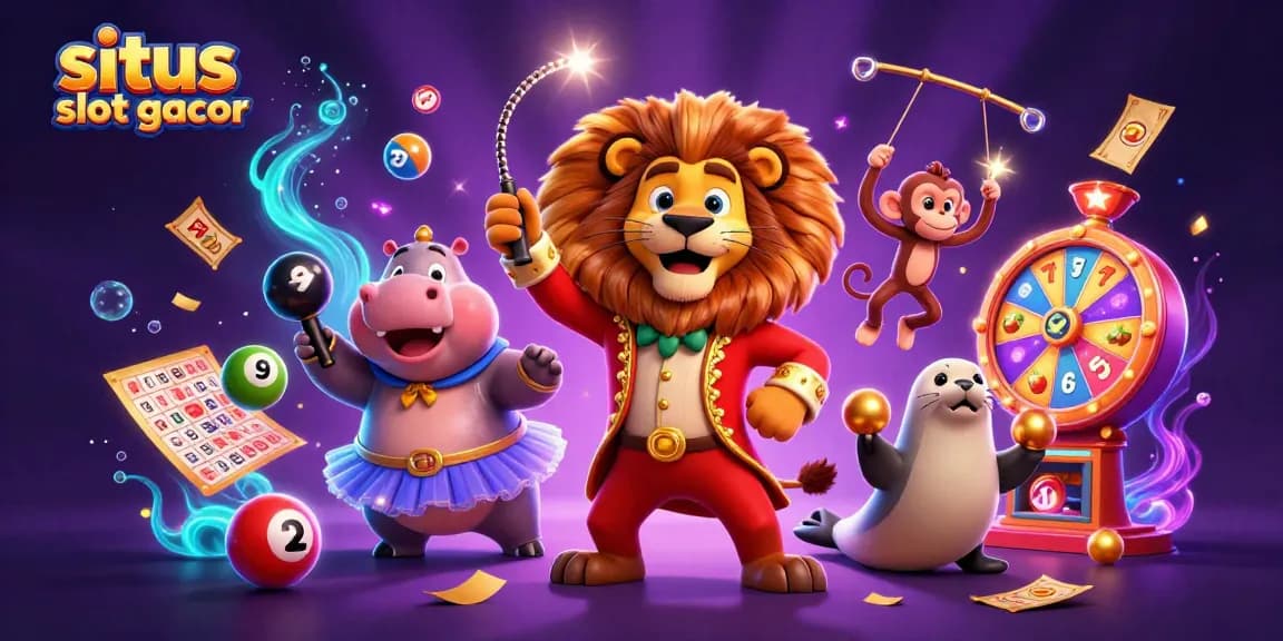 Experience situs slot gacor with a lively 3D circus scene featuring dynamic slot game elements and colorful characters.