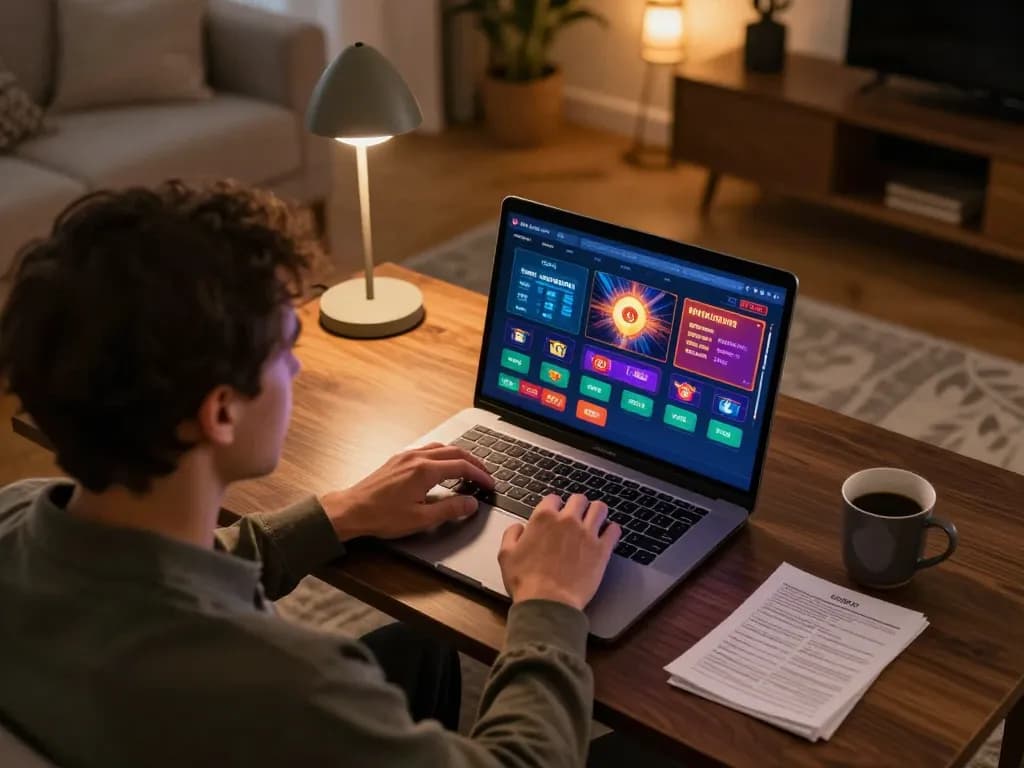 Player engaging with online casino games on a laptop using 8kbet8 in a cozy home setting.
