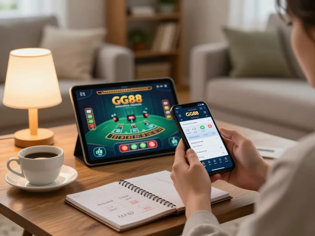 Player engaging with the GG88 casino app on a smartphone in a cozy home setting.