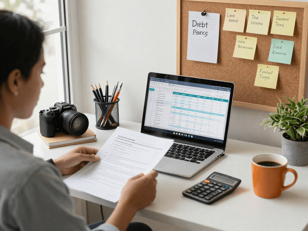 Welcoming home office scene for financial counseling at https://credit-consolidation.ca with a laptop, budgeting tools, and warm atmosphere.