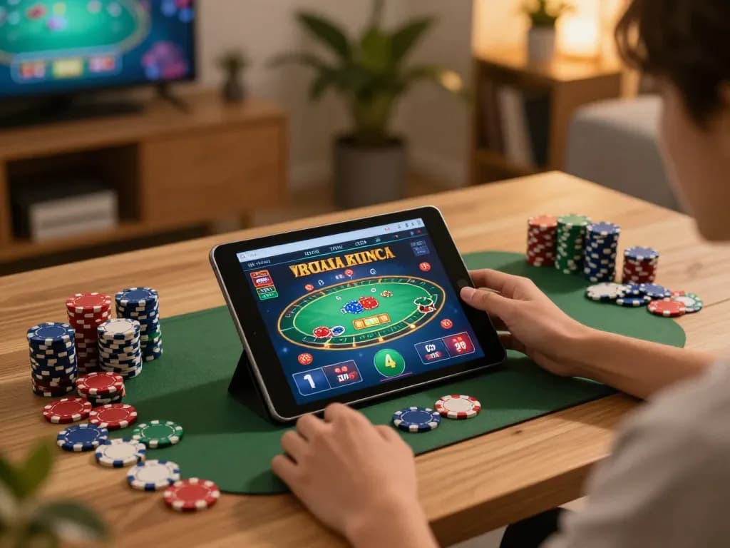 Person enjoying a dynamic online casino experience on the Trang chủ with a tablet and colorful poker chips.
