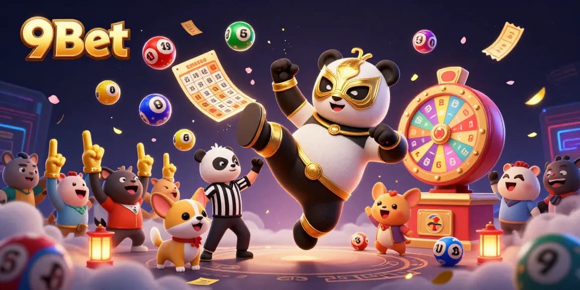Join the excitement at 9Bet with a dynamic scene of a wrestling panda and vibrant lottery elements!