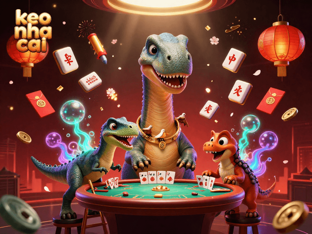 Engage in delightful gaming with keo nha cai, as a giant brontosaurus oversees a poker game.