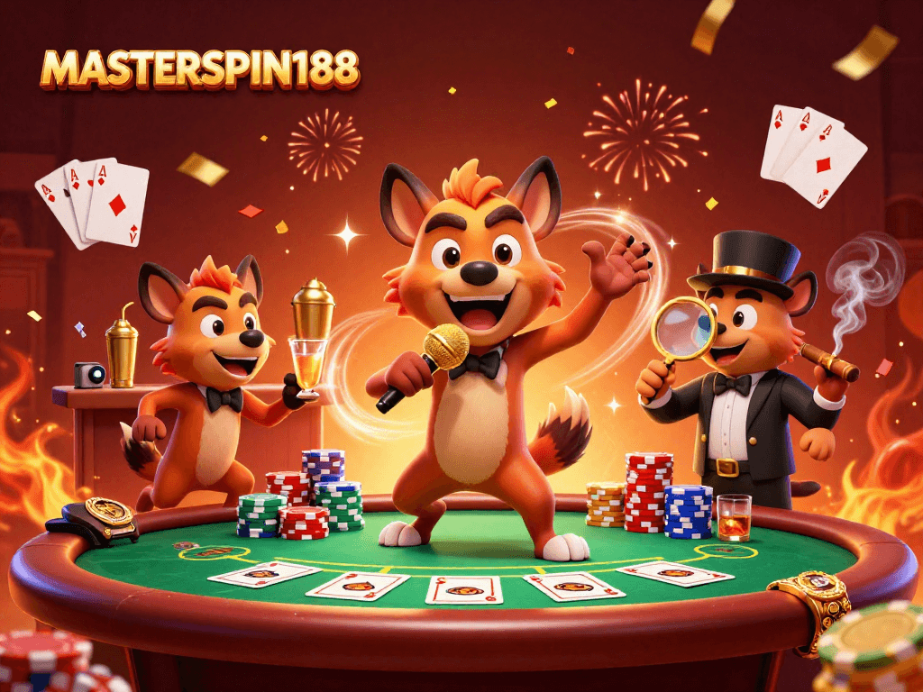 Experience thrilling action at MASTERSPIN188 with lively hyenas in a comedy casino scene.