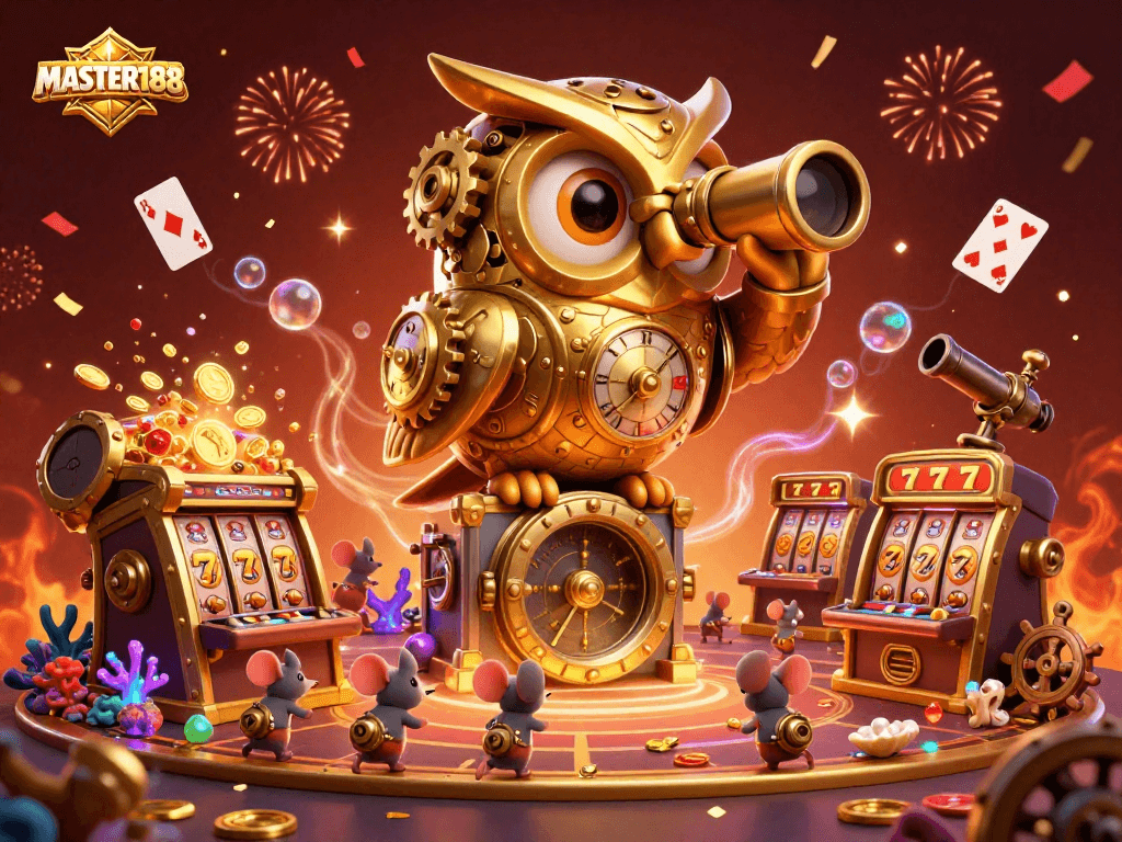 Experience the thrill of gaming with MASTER188's dynamic casino scene featuring a golden owl and vibrant treasures.