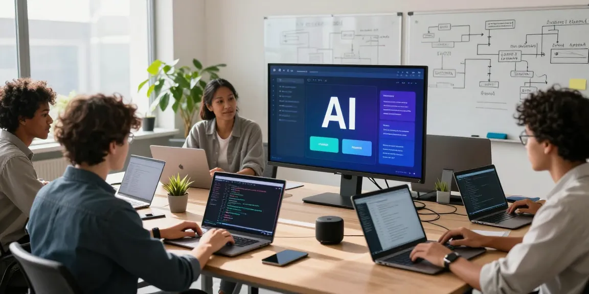 Building internal tools with AI in a collaborative workspace with diverse professionals using modern technology.