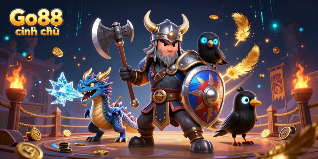 Experience Go88 chính thức with this vibrant 3D illustration of an action-packed casino scene featuring fantasy characters.