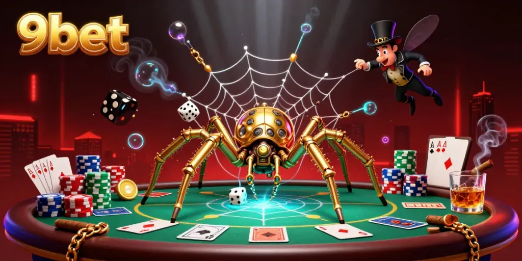 Engage in thrilling gameplay as 9bet's whimsical spider captures dice in a golden web amidst a rich gambling landscape.