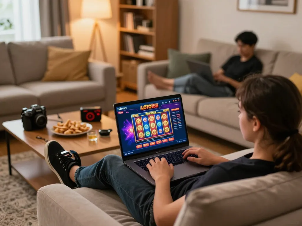LOTO188 player enjoying interactive online gaming experience on laptop in a cozy home setting.