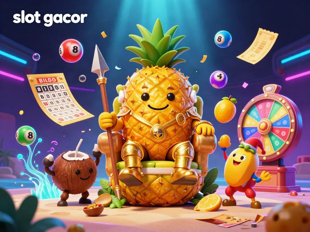 Experience the thrill of slot gacor with vibrant characters and dynamic casino elements in this captivating illustration.