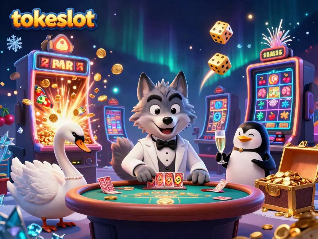 Permainan judi online di tokeslot dengan karakter kartun berkelas, jackpot, dan elemen kasino menawan.