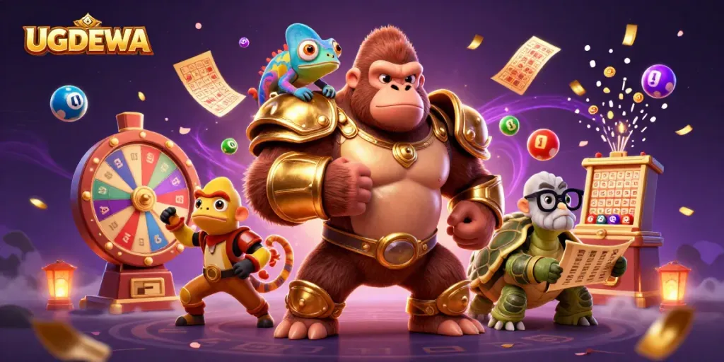 Experience the excitement of UGDEWA's lottery world, featuring dynamic characters and vibrant graphics.