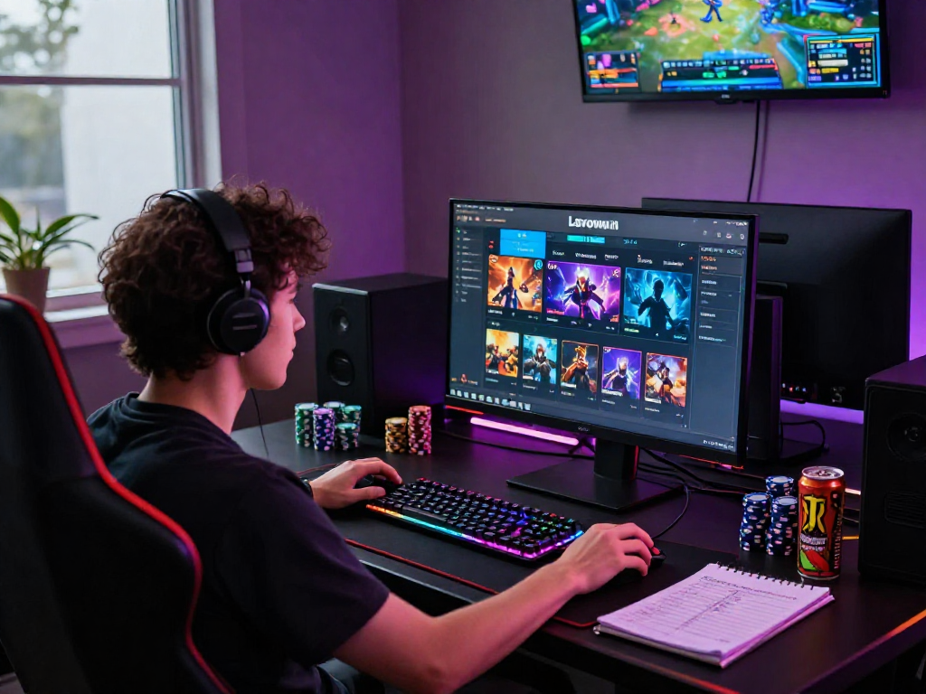 Intense gaming moment featuring Lavowin daftar interface on screen, player focused with gaming gear in electrifying atmosphere.