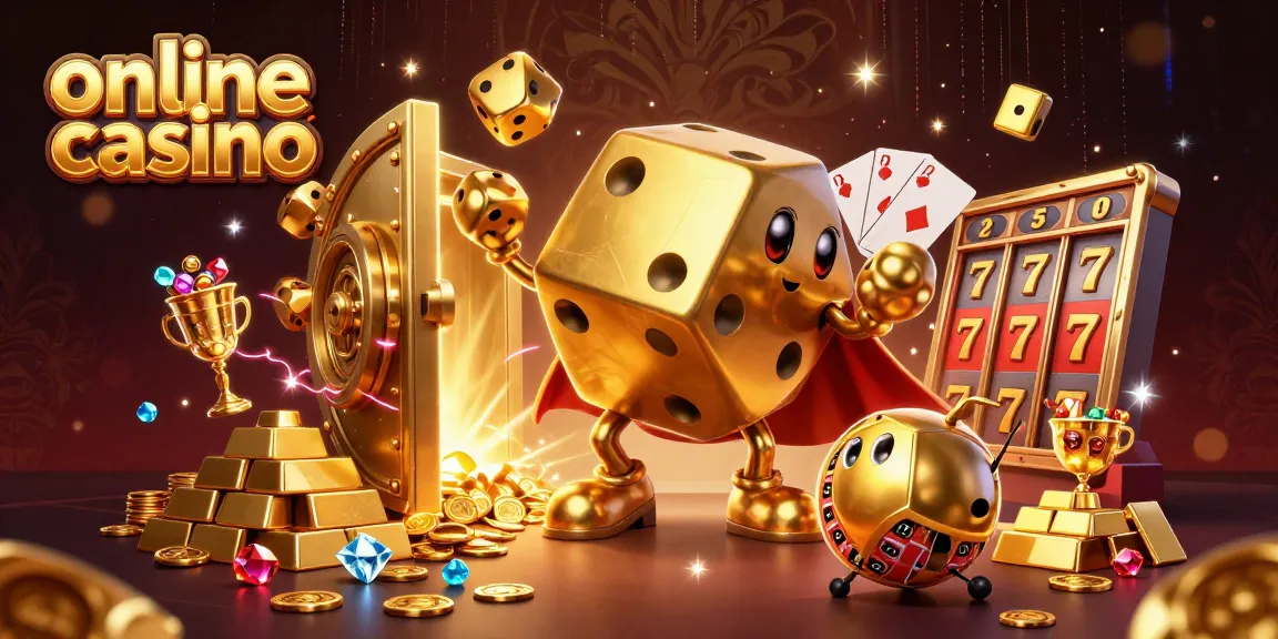 Witness the fun in an online casino with a magical golden dice golem juggling treasures and slot winnings.