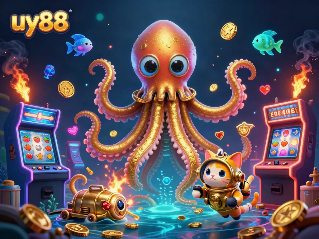 Experience wins at uy88 with a vibrant scene featuring a golden kraken and dynamic casino elements.