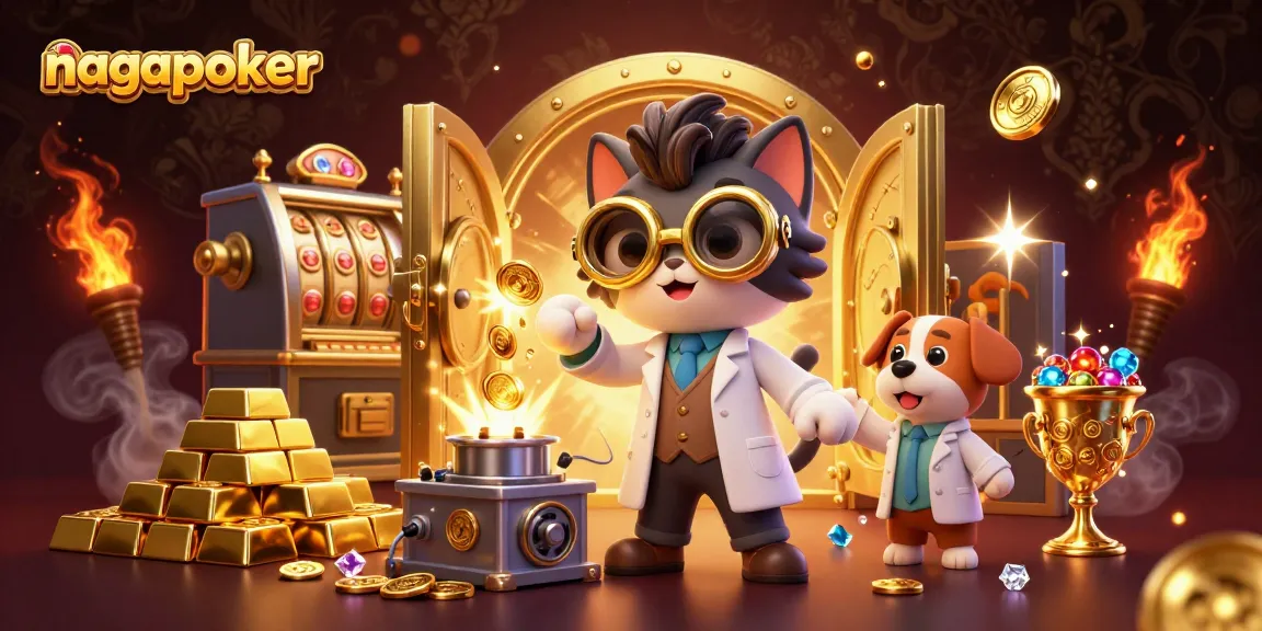 Spin for jackpots at nagapoker with a vibrant 3D scene featuring a mad scientist cat and a dog assistant.