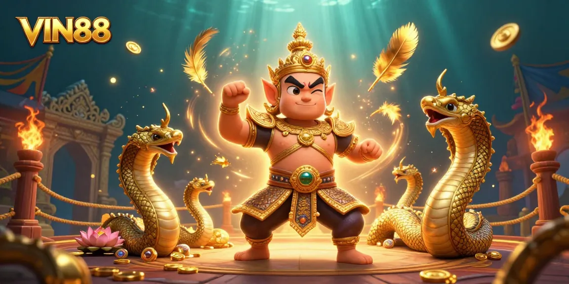 VIN88 invites players to win with an exciting 3D casino illustration featuring vibrant characters and thematic elements.