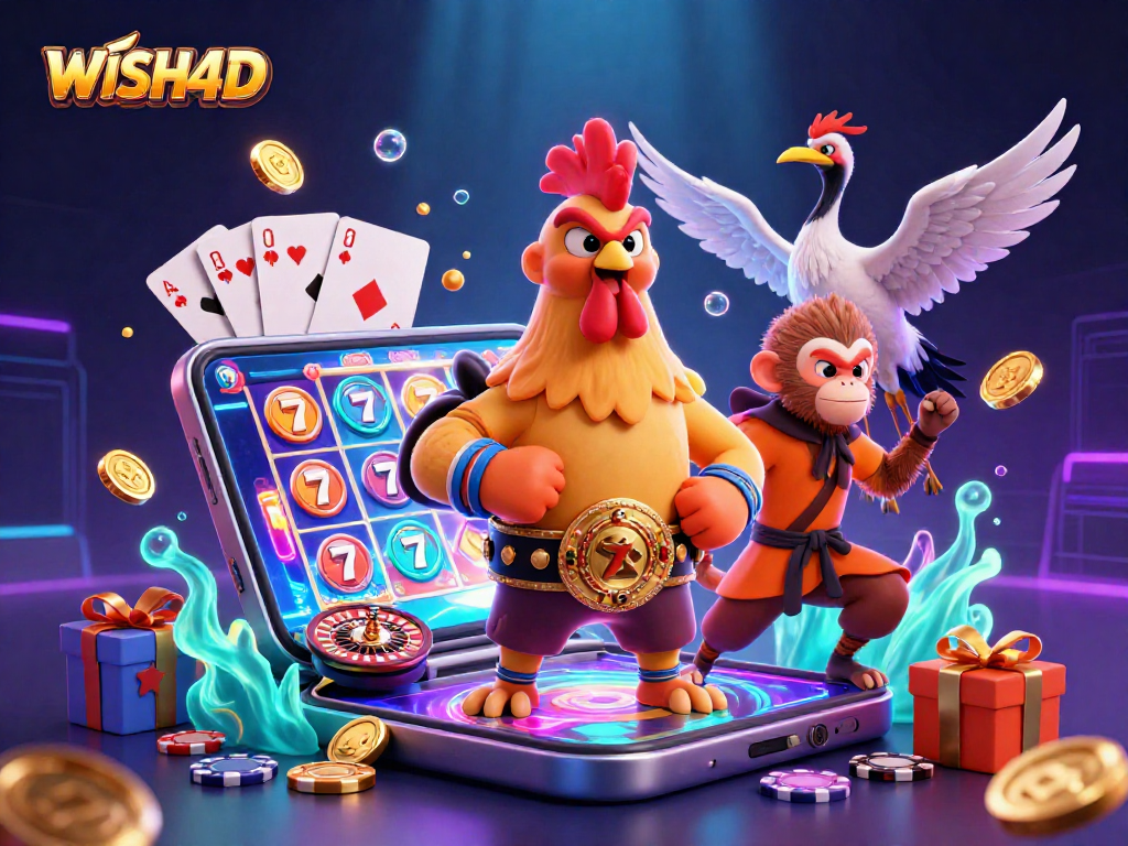Experience the thrill of WISH4D with lively characters amidst exploding slot games and gold coins.