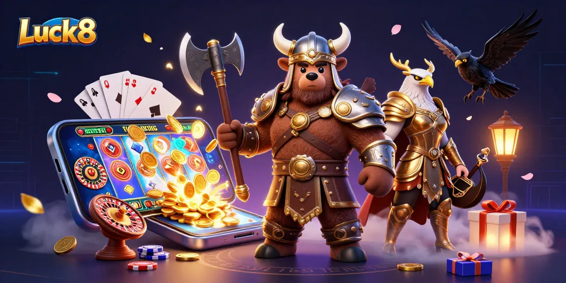 Engage with Luck8 slots through thrilling gameplay featuring a Viking bear, eagle, and glowing elements.