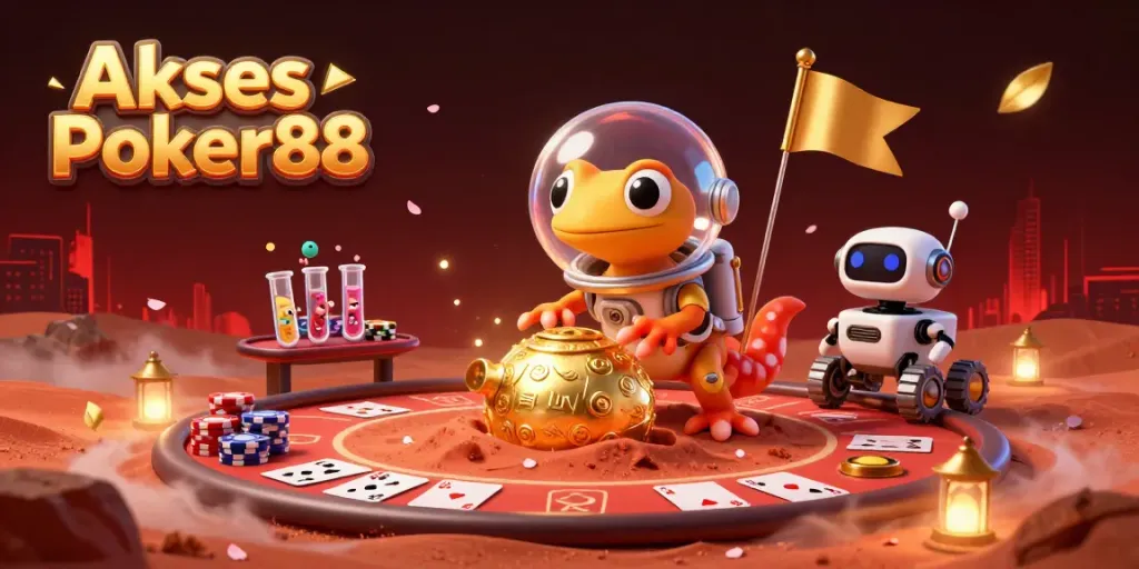 Engage with Akses Poker88 through a dynamic scene featuring a Martian gecko, poker elements, and vibrant casino imagery.