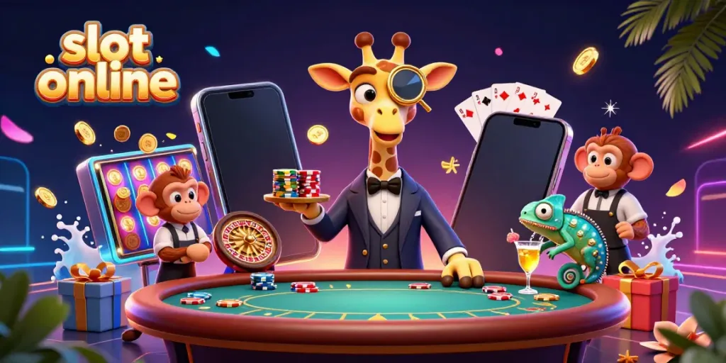 Experience immersive slot online gaming with a vibrant casino scene featuring a high-roller giraffe, monkey valet, and chameleon bartender.